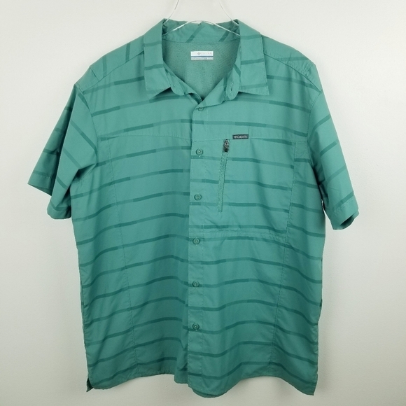 Columbia Men's Teal Striped Short Sleeve Collared Button Front Shirt - Picture 1 of 8